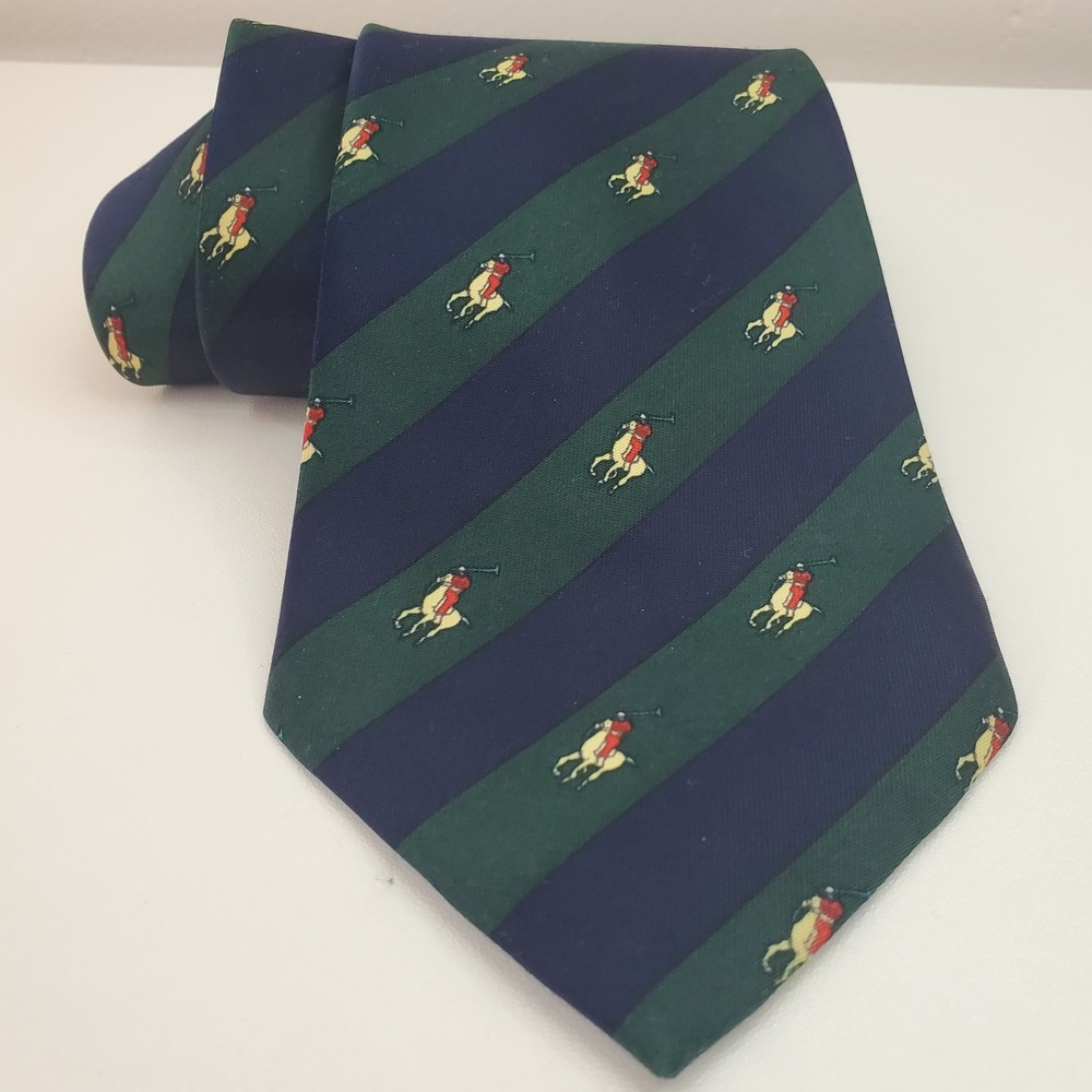 Mercedes High Fashion Mens Silk Tie Navy Green Striped Polo Player Equestrian